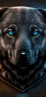 Mystical wolf digital art wallpaper with blue and amber highlights.