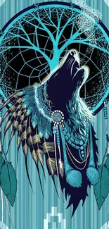 Mystical wolf with dreamcatcher in blue hues on a patterned background.