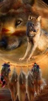 Wolf and dreamcatcher artwork with feathers and earthy tones.