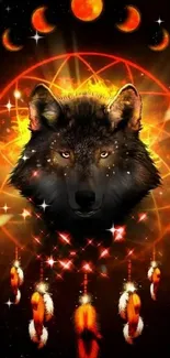 Mystical wolf with dreamcatcher and celestial background.