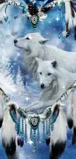 Mystical wolves with dreamcatcher art in a celestial blue design.