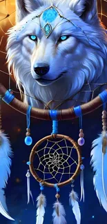 Mystical wolf within a dreamcatcher on a mobile wallpaper.