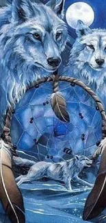 Mystical wolf and dreamcatcher artwork with blue hues.