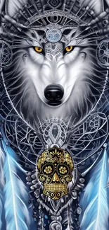 Mystical wolf and dreamcatcher artwork with vibrant colors.