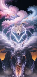 Mystical wolf amid swirling clouds above ethereal mountains.