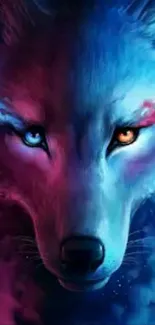 Mystical wolf with vibrant blue and pink hues in a cosmic setting.