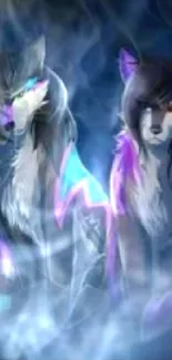 Mystical duo of wolves with neon accents in digital art wallpaper.