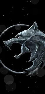 Mystical wolf emblem with black circular design.