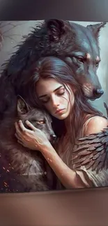 Woman embraces wolves in dreamy artwork.