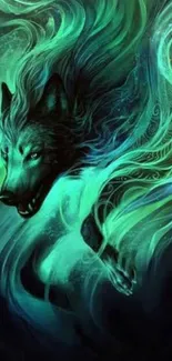 Mystical wolf with energy swirling in turquoise hues on mobile wallpaper.