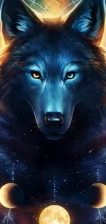 Mystical blue wolf with cosmic elements and moon phases in vibrant fantasy art.