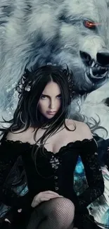 Fantasy artwork of a woman with a mystical wolf.