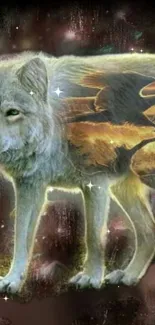 Mystical fantasy wolf with cosmic backdrop.