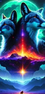 Mystical wolf fantasy art with cosmic elements in vibrant colors.