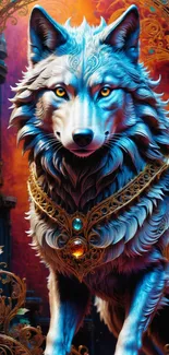 Mystical wolf with gold armor in vibrant fantasy setting.