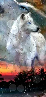 Mystical white wolf with cosmic background.