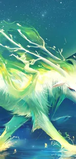 Mystical green wolf in a dreamy fantasy art scene.