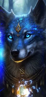 Mystical wolf with glowing eyes in a forest.