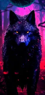 Mystical wolf with glowing eyes in a vibrant purple forest wallpaper.