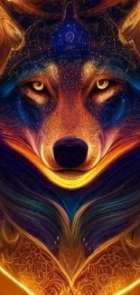 Mystical wolf with fiery colors and intricate design for mobile wallpaper.