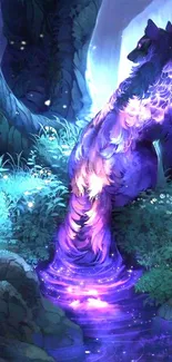 Mystical purple wolf in forest with ethereal glow.