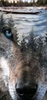 Mystical wolf face blended with forest scenery mobile wallpaper.