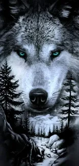 Mystical wolf with blue eyes in a forest scene mobile wallpaper.