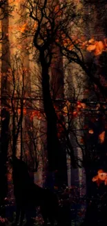 Wolf silhouette in a dark, mystical forest with autumn leaves.