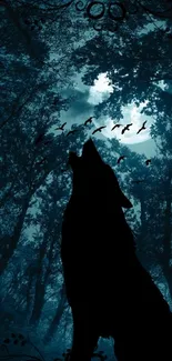 Silhouette of a howling wolf in a mystical moonlit forest scene.