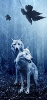 Mystical wolves in a serene forest with a blue tone.