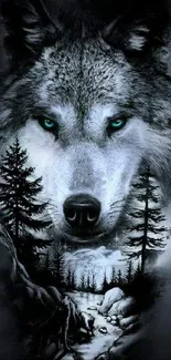 Mystical wolf with forest scene in grayscale mobile wallpaper.