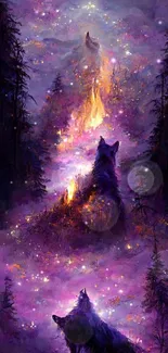 Mystical wolves in vibrant, starry forest.