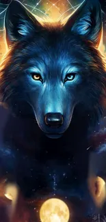 Mystical blue wolf with cosmic galaxy background.