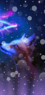 Mystical wolf in a cosmic galaxy setting with vibrant colors.