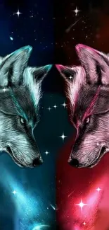 Mystical wolves in vibrant galaxy art wallpaper with contrasting colors.