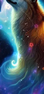 Mystical wolf in a galaxy-themed wallpaper with glowing colors.