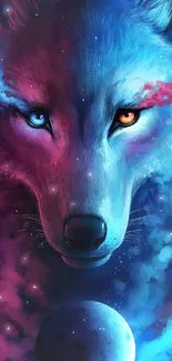 Vibrant cosmic wolf with galaxy background.