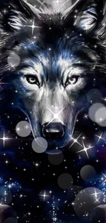 Mystical wolf with stars in a galaxy-themed mobile wallpaper.