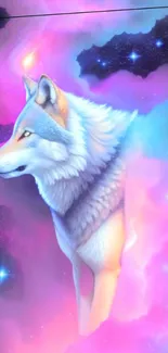 Mystical wolf in colorful galaxy art.