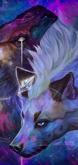 Illustrated galaxy wolves with a cosmic theme.