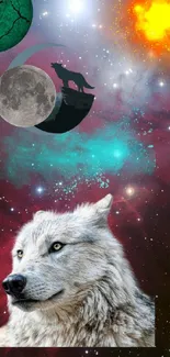 A mystical wolf in a galaxy setting with cosmic elements.