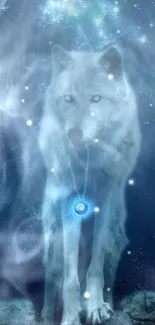 A mystical glowing wolf with stars and nebulae in a galaxy-themed mobile wallpaper.