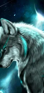 Mystical grey wolf with blue accents in a cosmic galaxy setting.