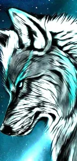 Mystical wolf in galaxy background, vibrant blue.