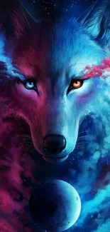 Mystical wolf in a vibrant galaxy background with contrasting eyes.