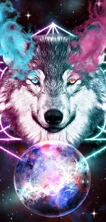 Mystical wolf in galaxy theme with vibrant colors and geometric shapes.