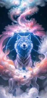 Mystical wolf with cosmic clouds in vibrant colors, perfect for phone wallpaper.