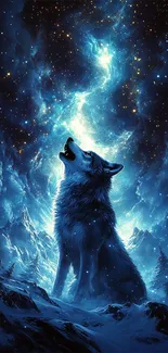 A mystical wolf howling under a starry blue sky.