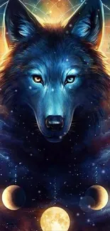 Mystical wolf with galaxy and celestial design in vibrant colors.