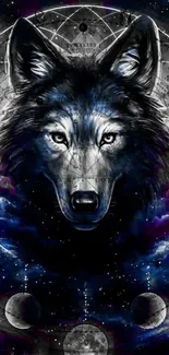 Mystical wolf art with galaxy and lunar design in dark blue tones.